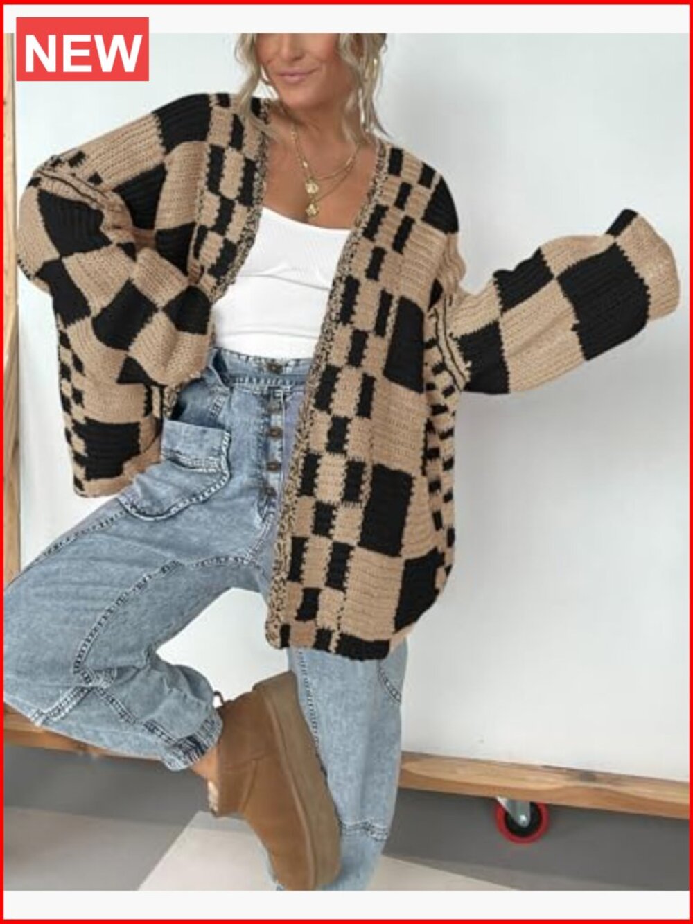 Long Sleeve Open Front Chunky Knit Checkered Cardigan Sweater for Women - Picture 4 of 7